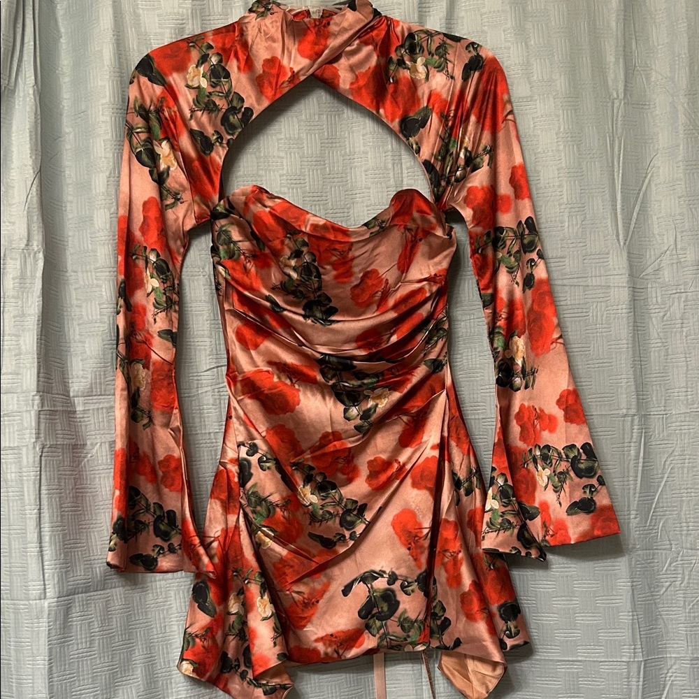 House of CB Red Floral Satin Mini Dress